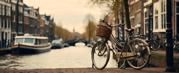 Fototapeta na wymiar Traditionele Nederlandse Fietsdagen: Een klassieke Nederlandse fiets tegen de achtergrond van de grachtenpanden van Amsterdam. in Retro Culture Foto Stock Concept