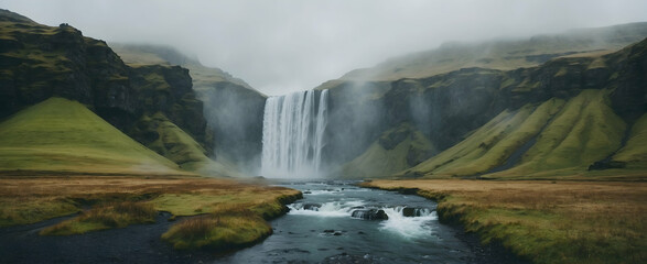 Icelandic Waterfalls Mist - A mesmerizing view of Iceland's waterfalls immersed in a mystical mist during the rain season. Nordic elements come alive in this breathtaking photo stock concept. - obrazy, fototapety, plakaty