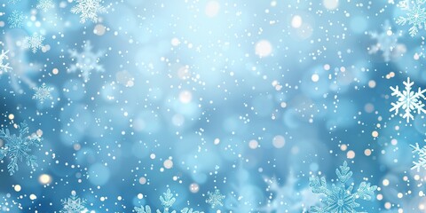Fototapeta premium Blue winter background with snow, snowflakes, bokeh. Random falling snow flakes wallpaper. Snowfall many dust freeze granules. Sky white teal blue backdrop. Christmas poster. Xmas cian colored banner