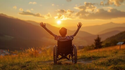 Silhouette of a boy in a wheelchair with raised hands enjoying sundown on mountain background.