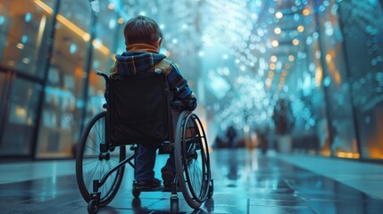 Back view of boy sitting on wheel chair outdoor with copy space, concept of disability - obrazy, fototapety, plakaty