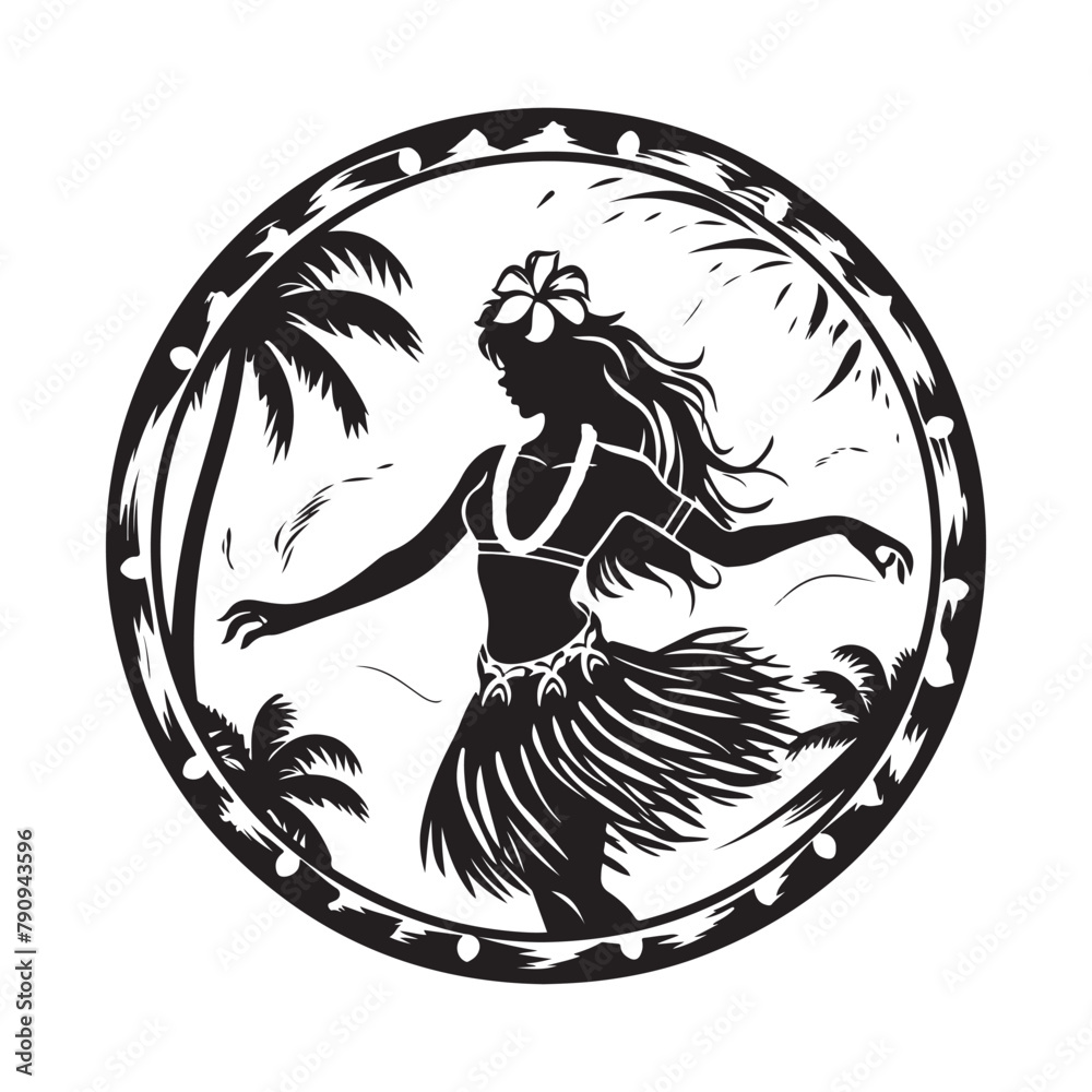 Wall mural Silhouette Hawaiian girl dancing hula isolated on white background.