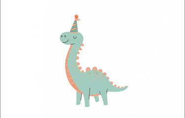 Happy birthday card with dinosaur. Cute illustration with dino in party hat on white background.