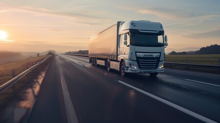 Truck hauling cargo on the freeway pulling a load at sunset. Transport topic. Theme of road cars