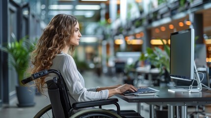 Portrait of beautiful manager businesswoman using wheelchair in office working on desktop computer