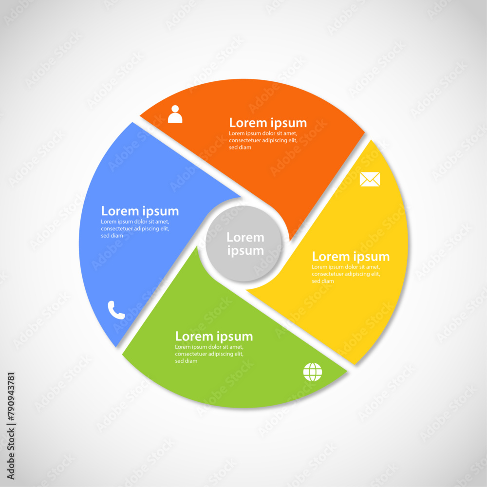 Wall mural 4 points circular infographic element template with icons and colorful flat style, can use for chart, graph, report, presentation, web design and business project.