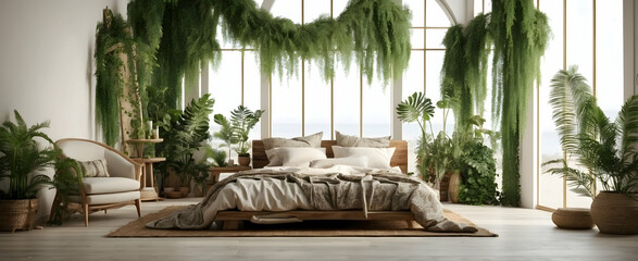 Minimalist Relaxation: Bohemian Sanctuary with Eclectic Patterns and Hanging Fern for a Free-Spirited Atmosphere. Realistic Interior Design with Nature Photography Concept
