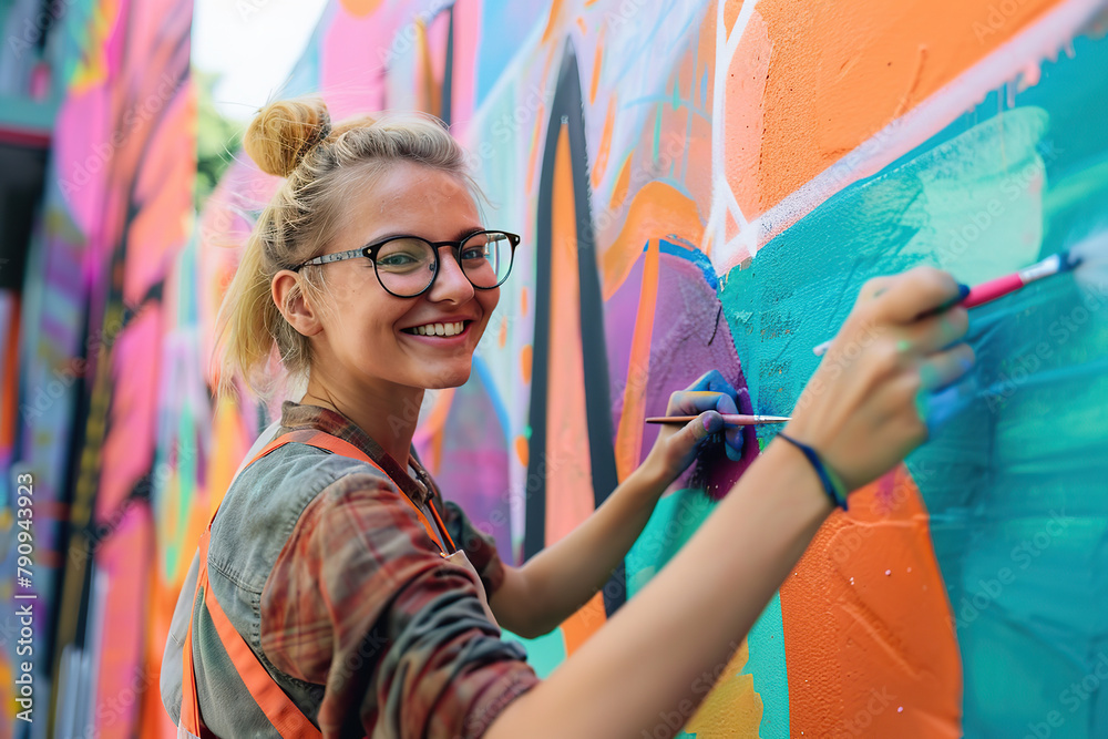 Wall mural Street artist drawing graffiti, looking to the wall with her paintings. Stylish young woman, graffiti artist doing artwork outdoors. Urban painter made big street art. Entertainment, youth subculture