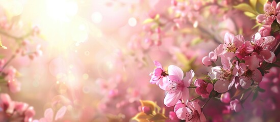 Artistic design of a spring-themed border or background featuring pink blossoms, showcasing a serene nature setting with a blooming tree and radiant sunlight. Perfect for an Easter sunny day,
