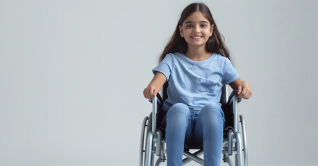 Happy teenage girl wearing blue T-shirt in wheelchair on white background - obrazy, fototapety, plakaty