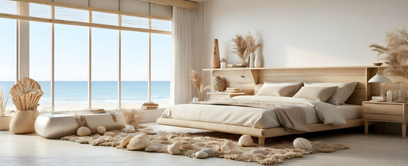 Coastal Comfort: Relaxing Beach Themed Bedroom with Seashell Collection in Realistic Interior Design and Nature Photography