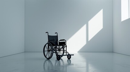 Empty wheelchair parked in hospital hallway, empty white wall backround