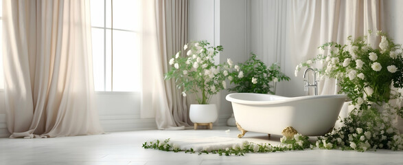 Fototapeta na wymiar Serene Bathroom Retreat: Delicate Draperies and Jasmine Plant for Ethereal Elegance - Interior Design and Nature Concept