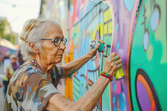 Street artist drawing graffiti, looking to the wall with her paintings. Stylish old woman, graffiti artist doing artwork outdoors. Urban Senior painter made big street art. Entertainment, subculture