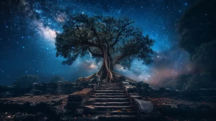Fotobehang Ancient trees with roots entwined around time worn ruins guardians of forgotten myths under a starlit sky © Sara_P