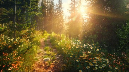 Obraz premium Hiking along a mountain trail, with the sun streaming down through the trees and illuminating the wildflowers. 
