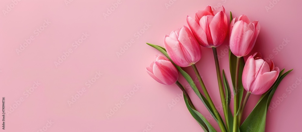 Canvas Prints Pink tulip blooms on a pink backdrop, signaling anticipation for spring. Joyful Easter greeting card featuring a flat lay perspective from above.