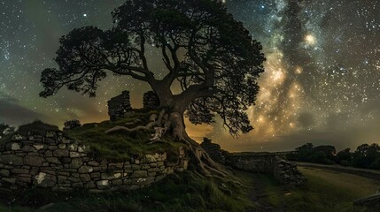 Ancient trees with roots entwined around time worn ruins guardians of forgotten myths under a starlit sky