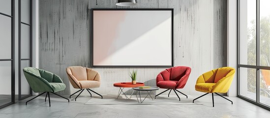 Modern living room with large window and poster