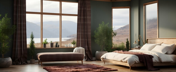 Highland Retreat: A Tartan-Themed Bedroom with Heather Plant for a Scottish Touch in Realistic Interior Design with Nature - Stock Photo Concept