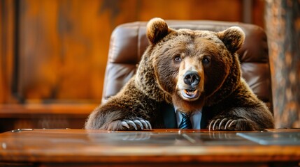Angry bear in a business suit aggressively negotiating in a boardroom a metaphor for tough business dealings - obrazy, fototapety, plakaty