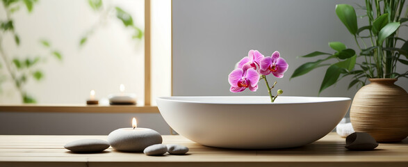 Minimalistic Japanese Zen Bathroom with Bamboo Accents and Orchid - Realistic Interior Design with Nature Elements