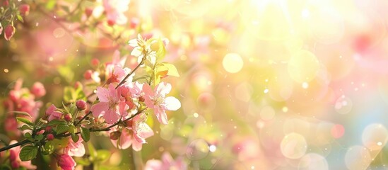 Obraz premium Artistic spring border or background featuring pink blossoms, capturing the beauty of nature with a blooming tree and radiant sun.
