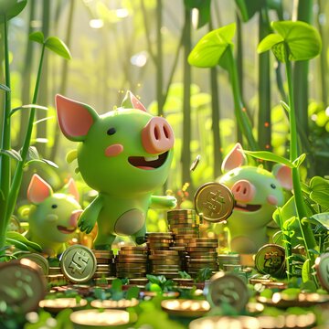Animated green pigs navigating through a fantasy world of gigantic coin stacks and magical beanstalks