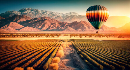 The hot air balloon flies in the sky over the fields and mountains. Generative AI. - obrazy, fototapety, plakaty