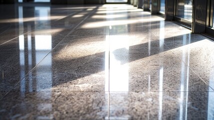 Smooth and unblemished granite floor reflecting ambient light, highlighting its pristine and clean...