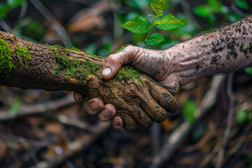 Handshake between human and nature, concept of collaboration for environmental protection on earth. On dark background. mossy tree roots, branches, grass and leave