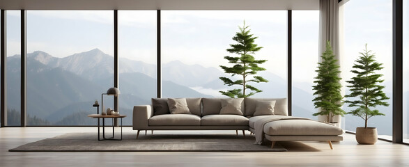 Minimalistic Mountain Retreat: Modern High-Ceiling Living Room with Floor-to-Ceiling Windows and Indoor Pine Sapling, Realistic Interior Design with Nature