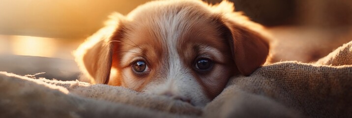 portrait of a puppy, dog is resting comfortably on top of a bed that is covered with a soft, cozy blanket. The furry companion seems relaxed and at ease in its surroundings