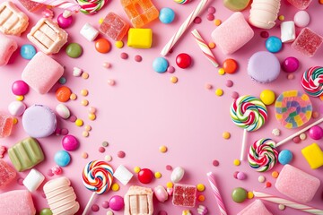 Fototapeta na wymiar Colorful frame of sweets Lollipops and candies. Space for your greetings on pink background