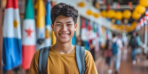 Naklejka premium Smiling Young Asian Student Exploring Vibrant Urban Culture for Future Opportunities