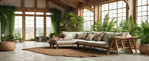 Fototapeta na wymiar Rustic Relaxation: A Realistic Interior Design Featuring Exposed Beams and a Sunroom Filled with Ferns