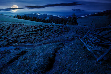carpathian countryside scenery in spring at night. mountainous rural landscape with broken wooden fence in full moon light. fir forest on the grassy hill in the distance