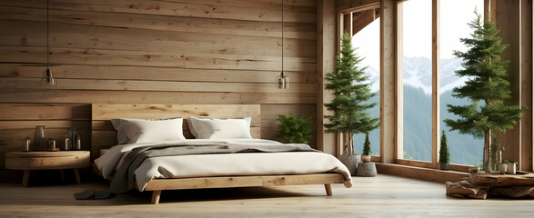 Cozy Rustic Bedroom: Natural Wood and Pine Sapling in Mountain Lodge Inspired Interior Design