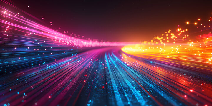 Abstract tech background of high speed optic fiber data transfer, ultra fast broadband, digital network connection, electronic motion, cyber turn