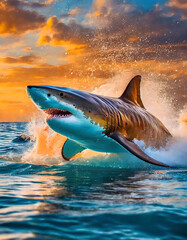 Fototapeta premium Great White Shark Leaping at Sunset