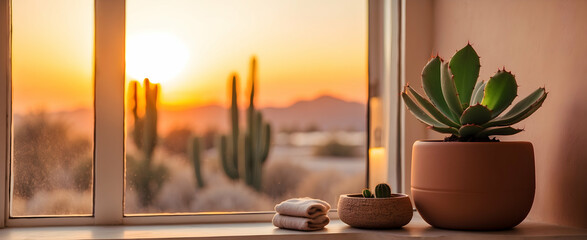 Minimal Relax Sunset Serenity: Bathroom with Sunset Inspired Colors and Small Potted Cactus for Warm Desert Ambiance in Realistic Interior Design with Nature