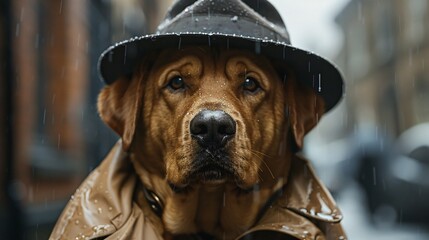 British Yorkshire dog as a detective solving mysteries in a foggy London setting wearing a trench coat and cap - obrazy, fototapety, plakaty