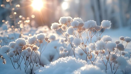 Frosty Flora in Morning Light: A Winter's Silent Symphony. Concept Winter Flora, Morning Light, Frosty Beauty, Silent Symphony, Nature Photography - obrazy, fototapety, plakaty