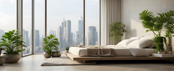 Metropolitan Bedroom with Cityscape Art and Potted Orchid for Urban Escape - Realistic Interior Design with Nature
