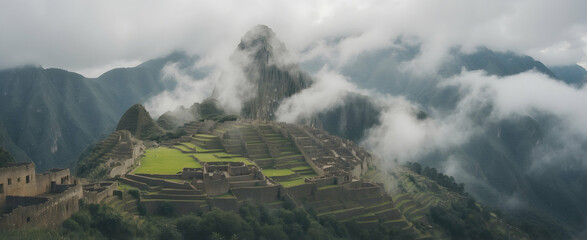 Machu Picchu Enveloped in Mystical Mist During Rainy Season - obrazy, fototapety, plakaty