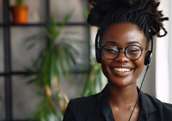 Happy smiling black female call center agent wearing headset in a modern office, customer service and support concept