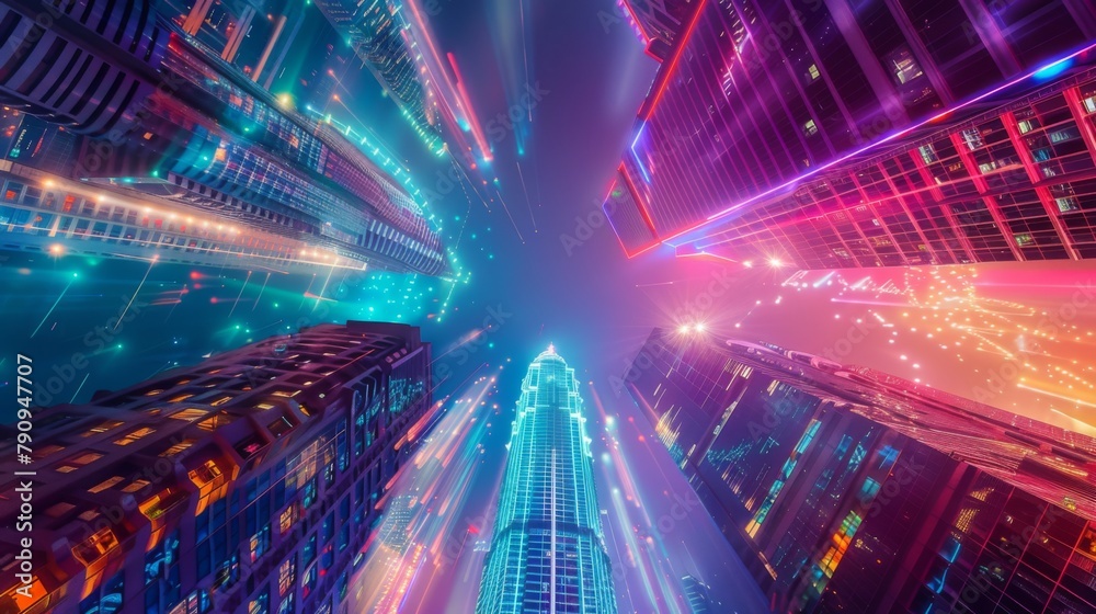 Aufkleber a dramatic shot of a skyscraper ablaze with vibrant colors from a dazzling light display, adding a t