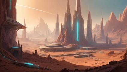 Otherworldly metropolis, Fantasy cityscape in Mars-like hues, set amidst the remnants of an ancient sci-fi society, captured in concept art.