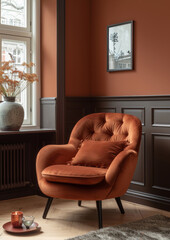 Relaxing orange lounge armchair in modern retro interior living room. Burnt orange colored walls. Interiors design. Living space. Contemporary. 