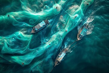 Aerial view of fishing boats at sea, Fishing boats ensnared in translucent green nets floating on sea's surface, while specks sunlight dot aquamarine expanse. - obrazy, fototapety, plakaty